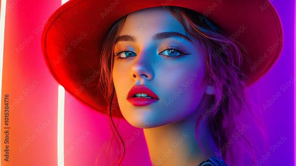 A trendy red-hatted woman poses against a vibrant background. She is illuminated by neon lights, giving her a colorful, lively appearance. This picture embodies teenage culture, fashionable dress, and A trendy red-hatted woman poses against a vibrant background. She is illuminated by neon lights, giving her a colorful, lively appearance. This picture embodies teenage culture, fashionable dress, and