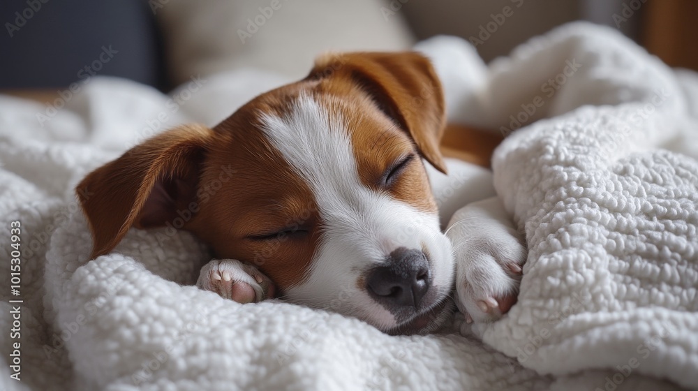 Cute dog sleeping on cozy bed Cute dog sleeping on cozy bed