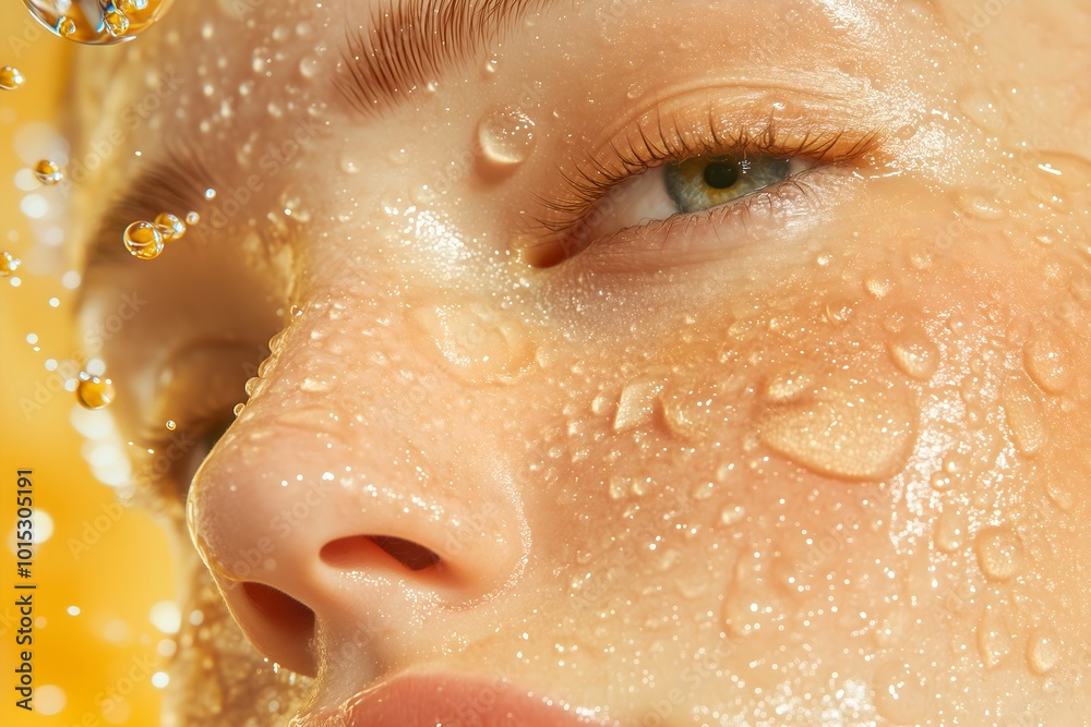 Fototapeta premium Water hydration beauty, skincare face moisturizer, serum and oil product in golden sunlight. Banner with copy space. skincare product on facial skin. Natural beauty and cosmetic concept.