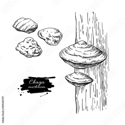 Chaga mushroom vector drawing. Medical plant on tree and crushed.