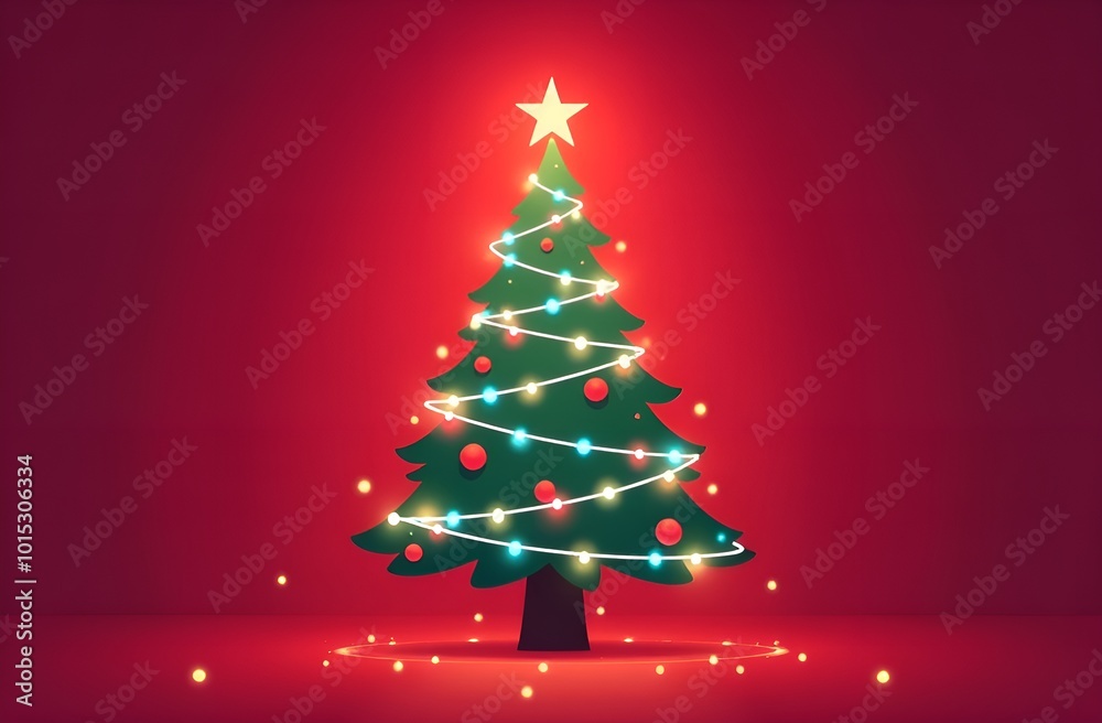 Abstract Christmas tree with lights on red background. Abstract Christmas tree with lights on red background.