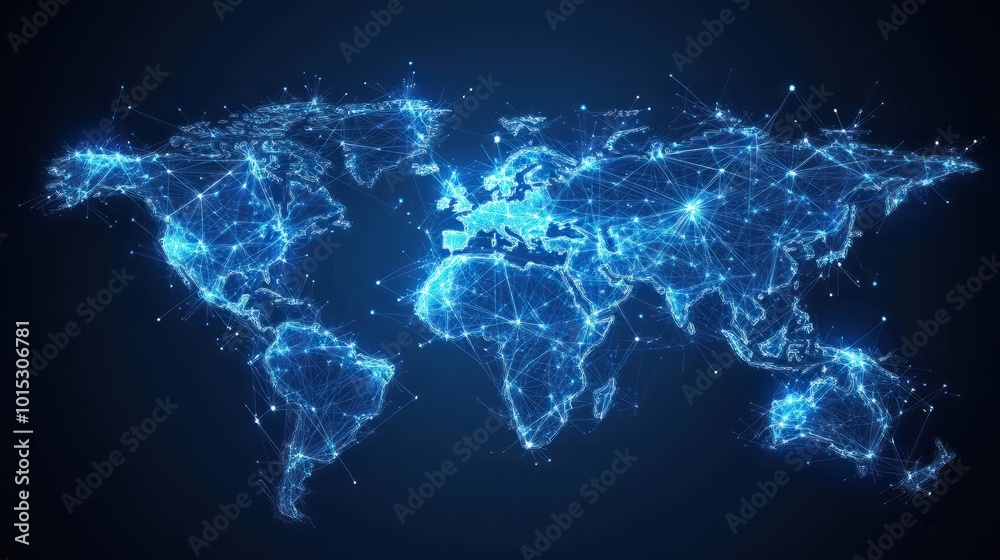 Abstract world map, concept of global network and connectivity, international data transfer and cyber technology, worldwide business, information exchange and telecommunication Abstract world map, concept of global network and connectivity, international data transfer and cyber technology, worldwide business, information exchange and telecommunication