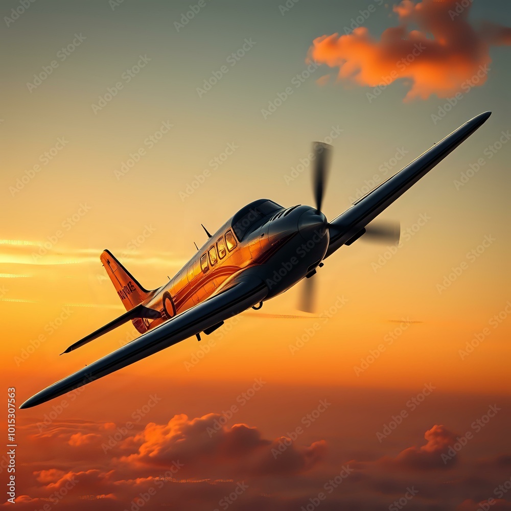 Airplane Sunset Flight, Propeller Plane in Mid-Air - F-KTJC Airplane Sunset Flight, Propeller Plane in Mid-Air - F-KTJC