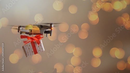 Drone delivering christmas present with bokeh lights background
