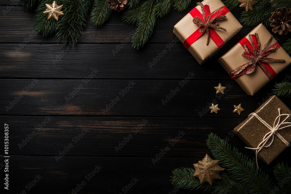 Christmas background with presents and decorations on a wooden table, a flat lay composition
Christmas background with presents and decorations on a wooden table, a flat lay composition
