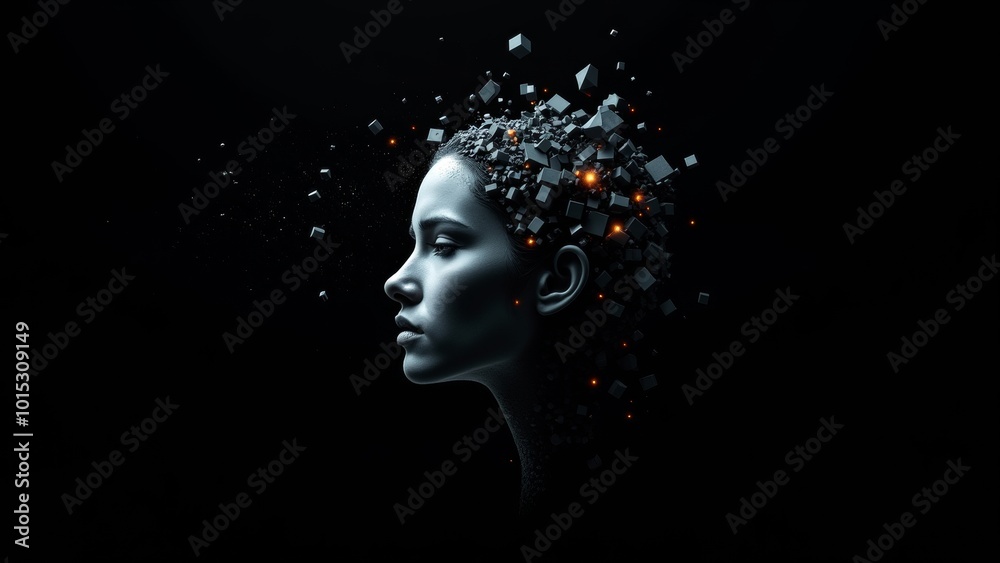 Futuristic Female Portrait with Pixelated Head and Glowing Cubes in Dark Environment Futuristic Female Portrait with Pixelated Head and Glowing Cubes in Dark Environment