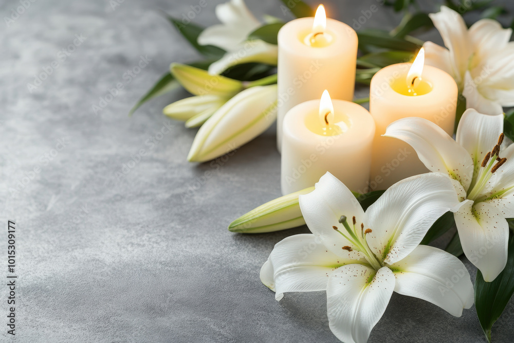 Three burning candles are surrounded by white lilies resting on a textured gray surface Three burning candles are surrounded by white lilies resting on a textured gray surface