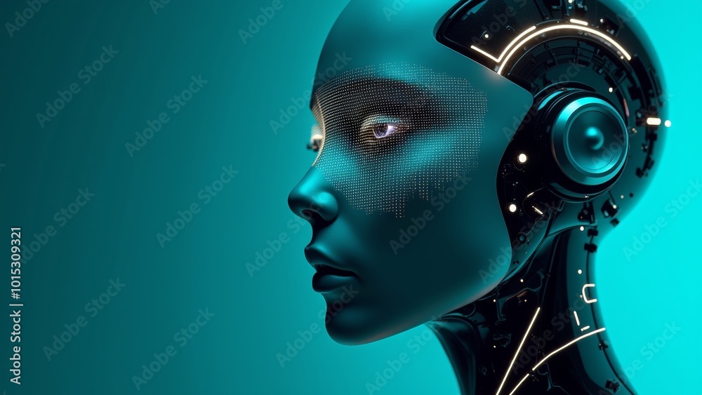 Futuristic Female Robot with Digital Face and Glowing Details on Turquoise Background