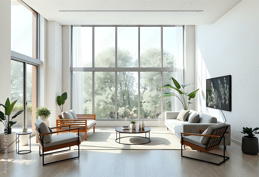 Fototapeta premium Modern Minimalist Living Room with Large Window & Leather Couches