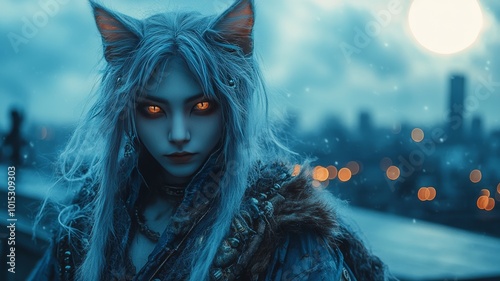 An individual cosplaying as a feline therian, dressed in a detailed costume featuring cat ears, whiskers, and a sleek tail photo