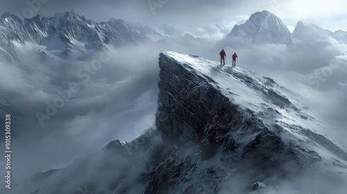 Bergsteiger auf einem Gipfel im Gebirge bei Nebel photo