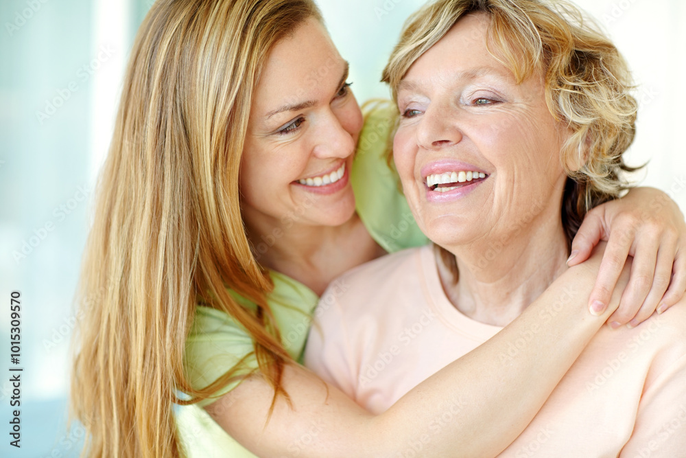 Home, senior mother and woman with smile for hug, funny memory and bonding together with embrace. Happy people, mom and adult daughter with connection for family, relationship and laughing in house Home, senior mother and woman with smile for hug, funny memory and bonding together with embrace. Happy people, mom and adult daughter with connection for family, relationship and laughing in house