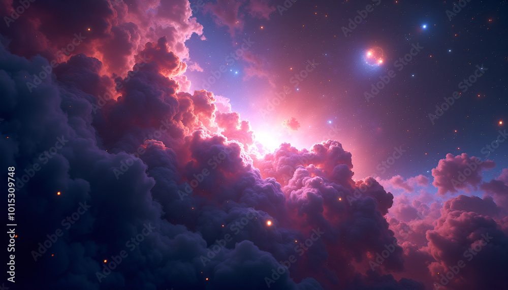 Beautiful cosmic clouds glowing in pink and purple hues against starry background Beautiful cosmic clouds glowing in pink and purple hues against starry background