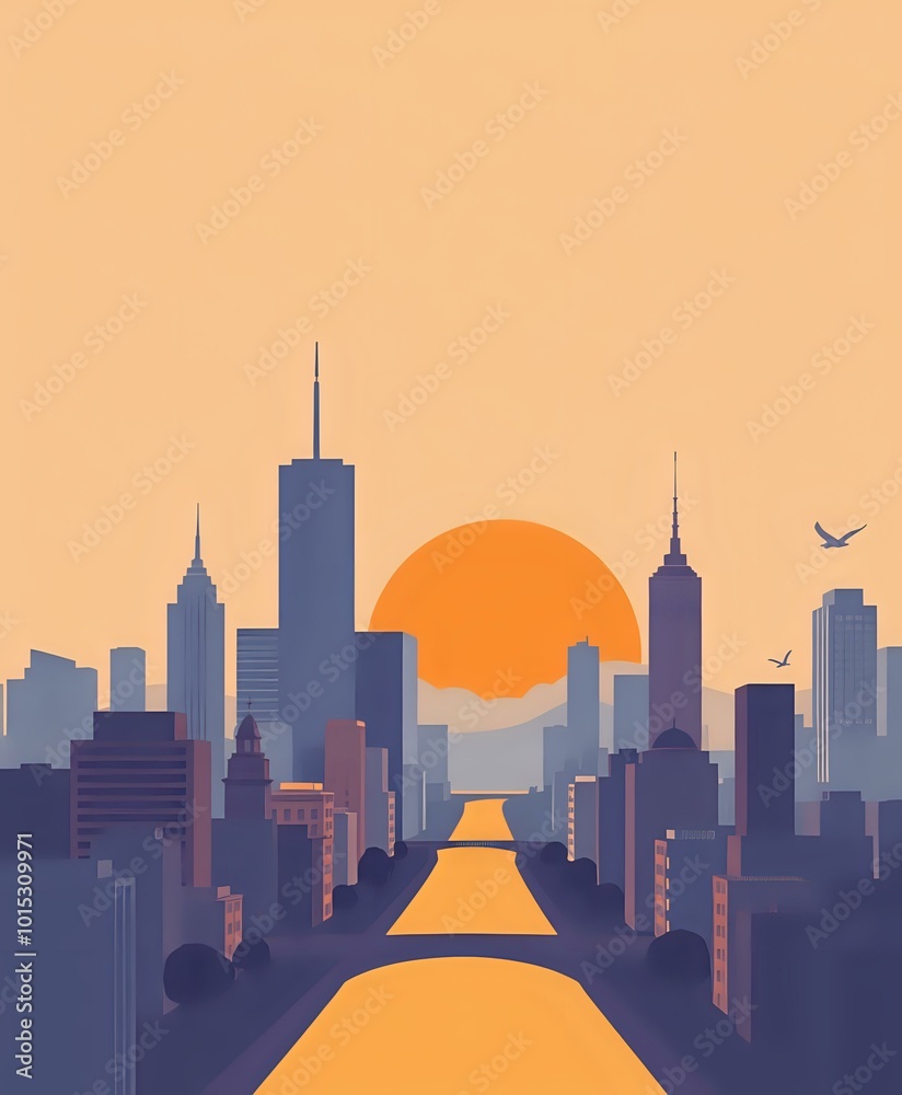 Obraz premium Sunset Cityscape with Blue Roof Skyscraper & Bustling Road