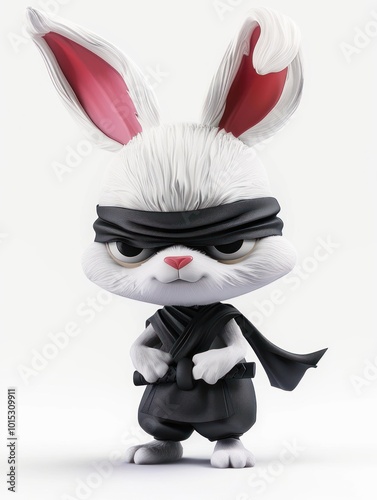 3D cartoon ninja rabbit with sword on white background photo