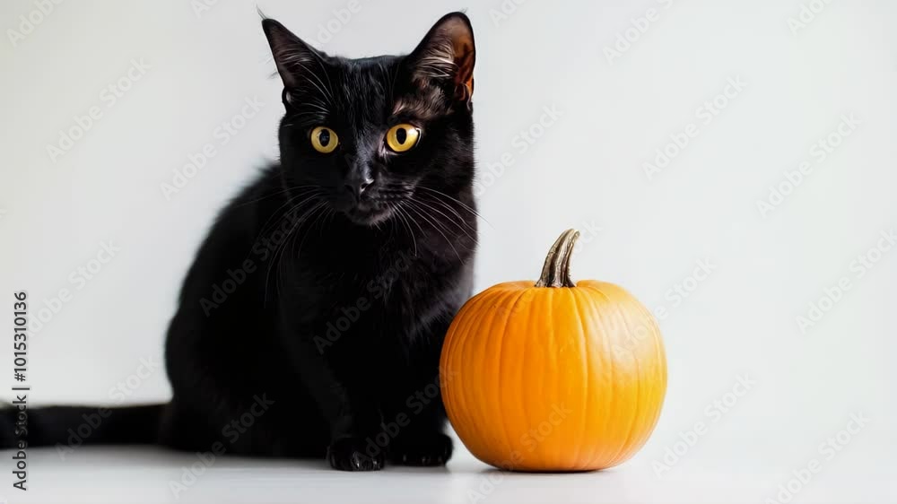 Black cat with pumpkin on a white background Black cat with pumpkin on a white background