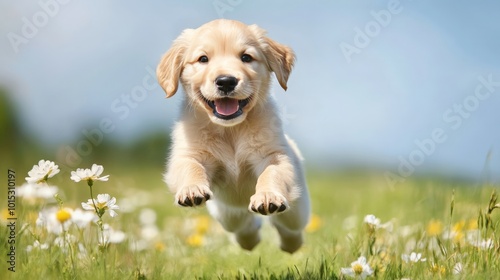 Playful Puppy Prancing in Daisy-Filled Meadow photo