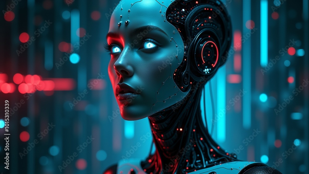 Cybernetic Woman with Glowing Eyes and High-Tech Features in Futuristic Sci-Fi Setting
Cybernetic Woman with Glowing Eyes and High-Tech Features in Futuristic Sci-Fi Setting