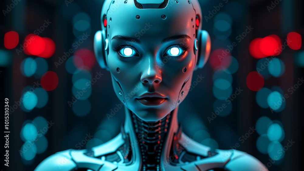 Cybernetic Woman with Glowing Eyes and High-Tech Features in Futuristic ...