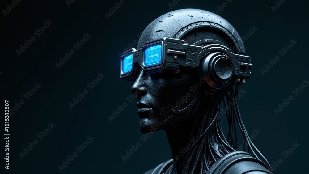 Cybernetic Female with Neural Connections and Futuristic Blue Lighting in Sci-Fi Environment
