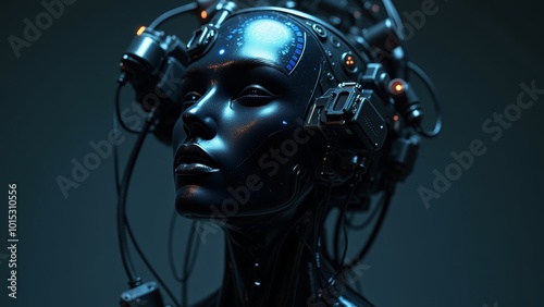 Cybernetic Female with Neural Connections and Futuristic Blue Lighting in Sci-Fi Environment
