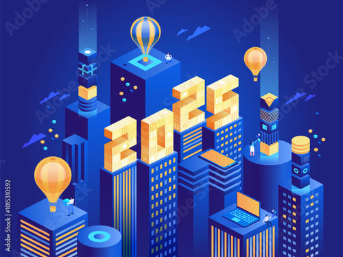 2025 Happy New Year. New innovative ideas. Digital technologies. Isometric technology for new year holiday posters and banners. Vector illustration with trendy geometric elements