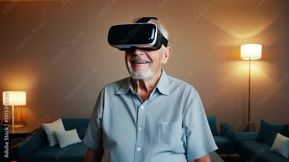 Elderly man wearing virtual reality headset in a modern living room. VR technology and immersive experience concept Elderly man wearing virtual reality headset in a modern living room. VR technology and immersive experience concept