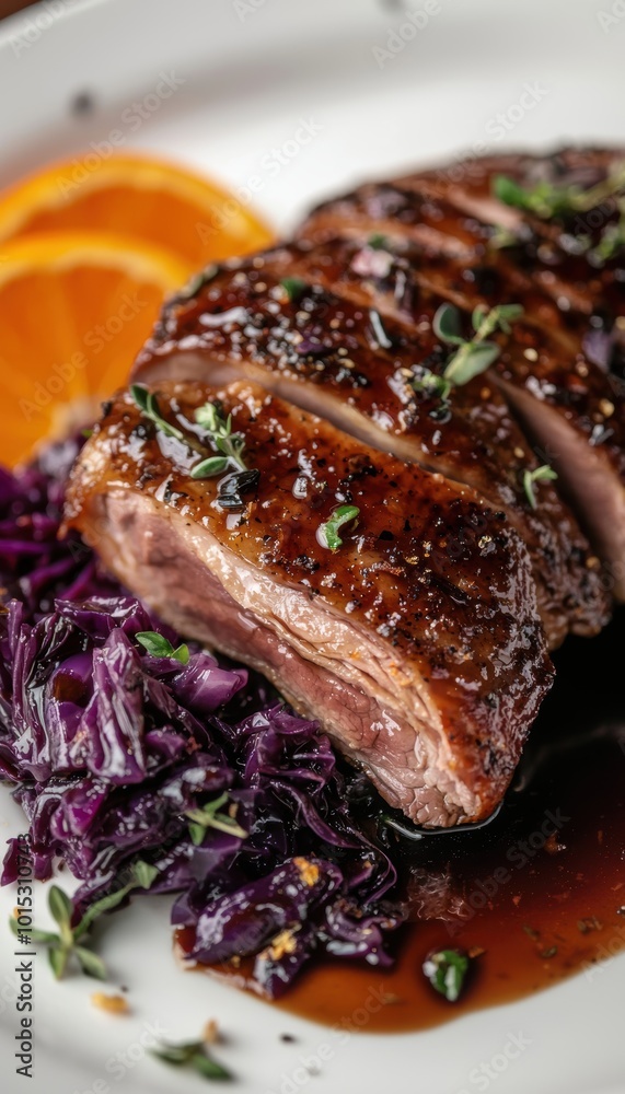 Fototapeta premium Gourmet Roasted Duck Breast with Braised Red Cabbage and Orange Garnish