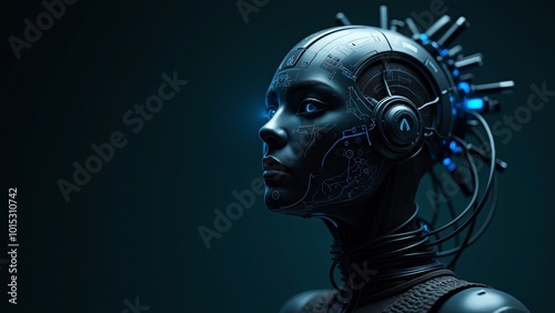 High-Tech Female Android with Neural Interface and Cybernetic Headgear in Futuristic Setting 