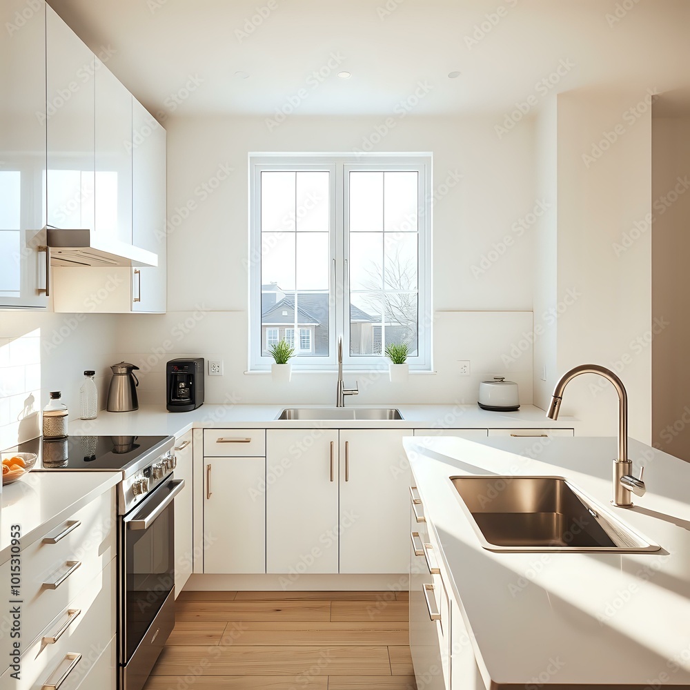 Fototapeta premium Modern Minimalist Kitchen with City View & Wooden Cabinets