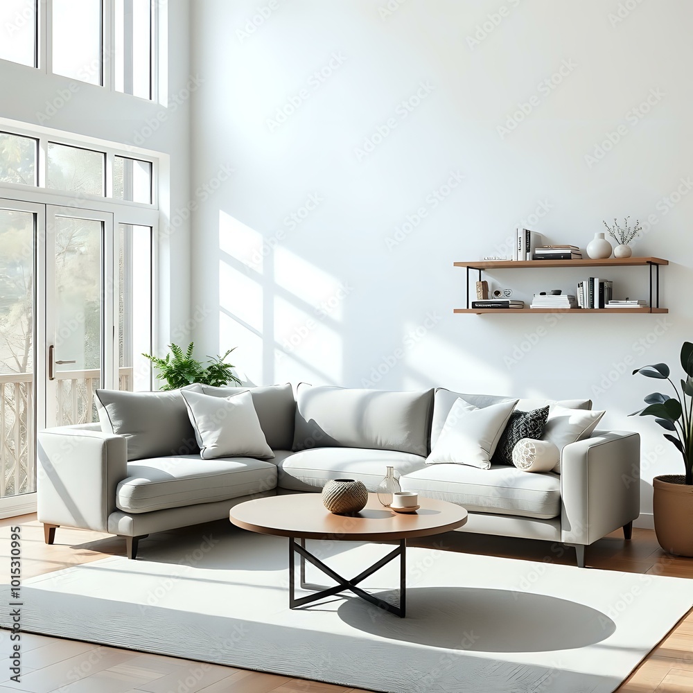 Fototapeta premium Cozy Living Room with Gray Sofa, Armchair & Fruit Bowl - 1:1 Aspect Ratio