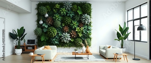 Modern Stylish Living Room with Natural Stone Wall & Lush Greenery - 21:9 Aspect Ratio photo