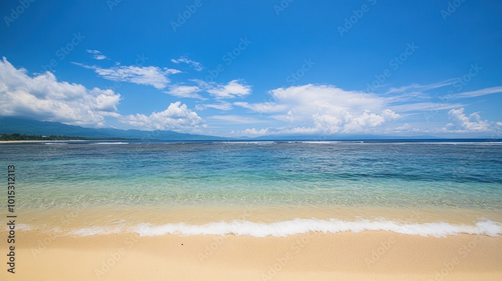 A beautiful, bright, sunny day on a tropical beach with white sand and turquoise waters. The waves gently lap at the shore, and the sky is a clear blue with puffy white clouds. A beautiful, bright, sunny day on a tropical beach with white sand and turquoise waters. The waves gently lap at the shore, and the sky is a clear blue with puffy white clouds.