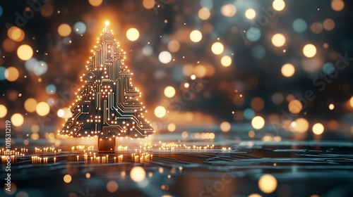 Luminous Christmas tree in futuristic design with LED lights. High tech christmas tree with circuit parts and blurred bokeh lights in the background, combining technology and holiday themes