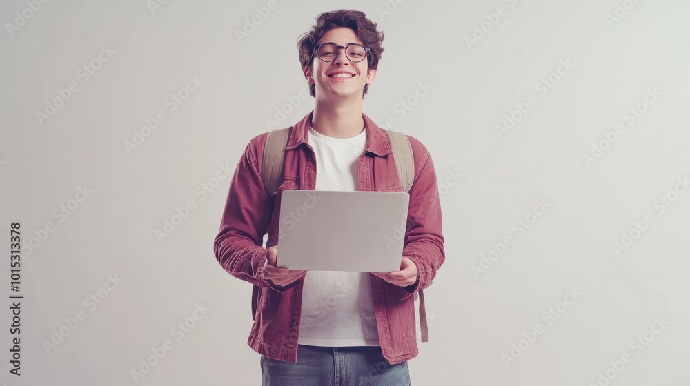 Cheerful young man with eyeglasses holding a laptop standing against a white background, concept of technology and modern freelance work Cheerful young man with eyeglasses holding a laptop standing against a white background, concept of technology and modern freelance work