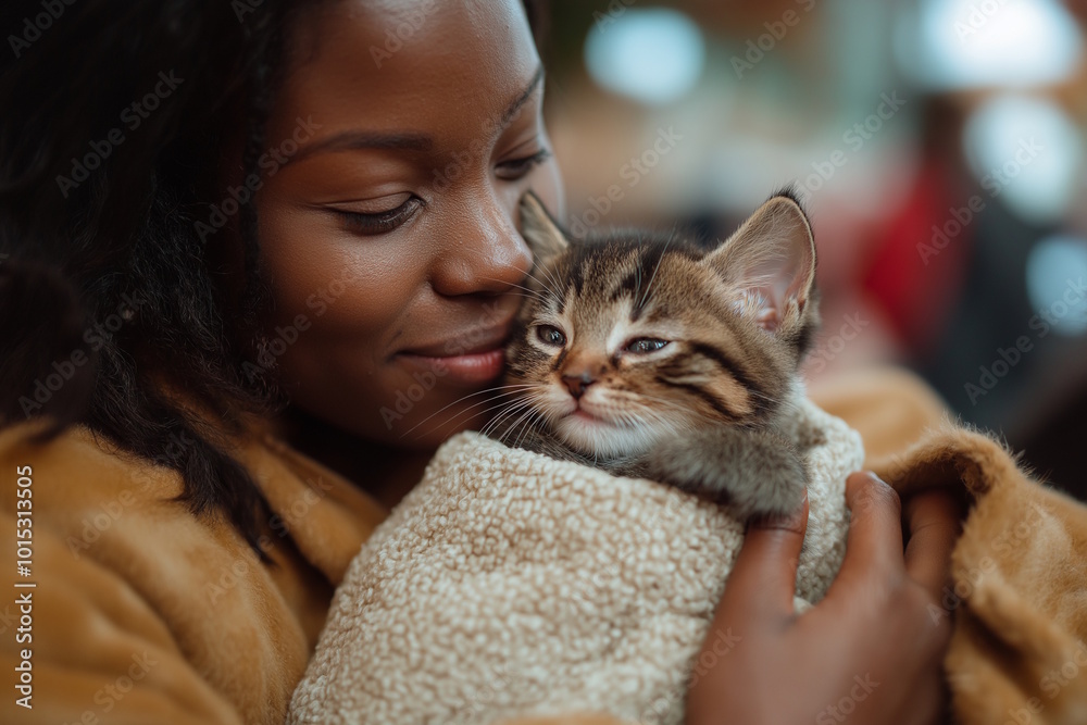A close-up of an African woman in her 20s cuddling a kitten wrapped in a blanket, representing warmth and love, concept of pet adoption and bonding A close-up of an African woman in her 20s cuddling a kitten wrapped in a blanket, representing warmth and love, concept of pet adoption and bonding