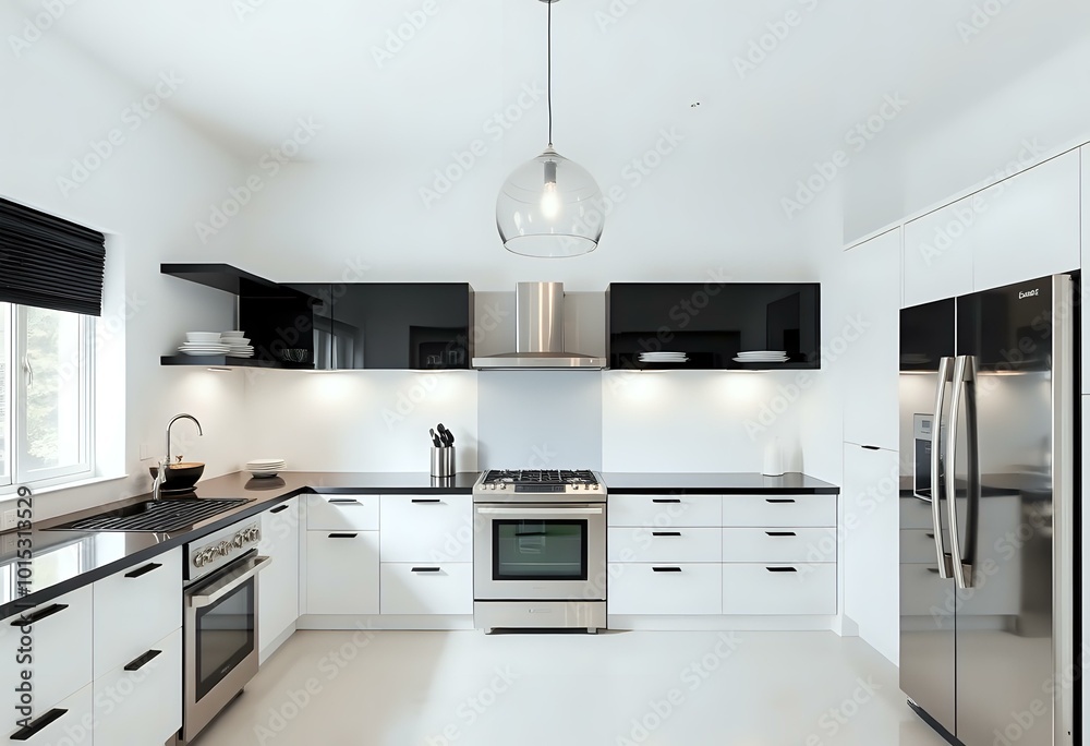 Fototapeta premium Modern White Kitchen with Black Countertops & Stainless Steel Appliances