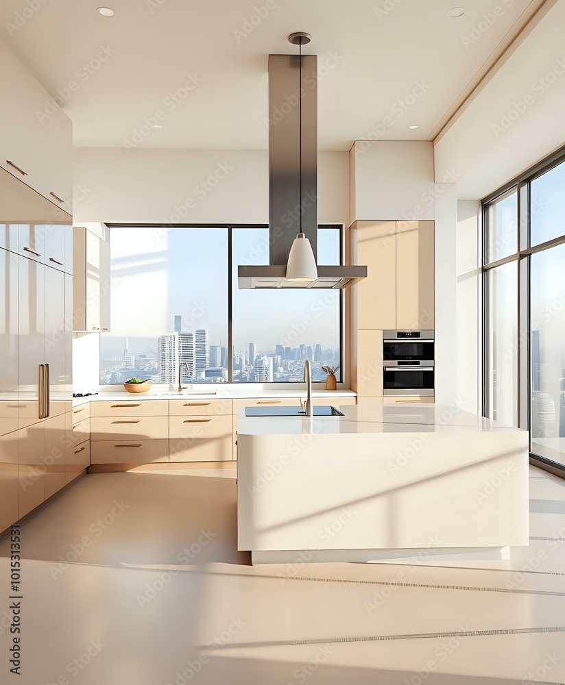 Modern Minimalist Kitchen with Marble Island & City View