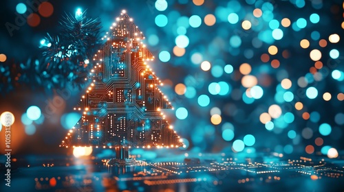 Glowing christmas tree made from circuit board in futuristic design with circuit details. Blurred bokeh lights in the background. IT technology holiday greetings concept.