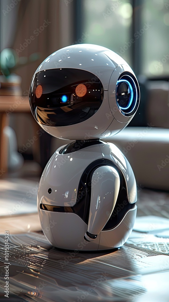 Fototapeta premium Smart robotic assistant at home, futuristic help in the living room. cooking,cleaning. Technology. White human-like robot. Daytime, futuristic, lifestyle. Home helper