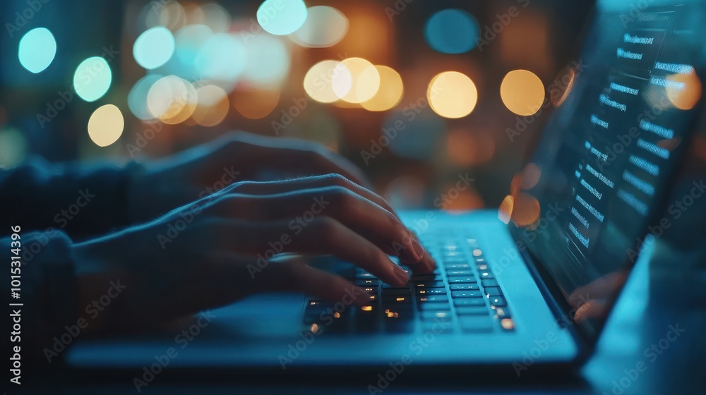 Close up of young business man hands typing on laptop computer keyboard in office, working on digital tablet, night with blurred bokeh background horizontal image size, space for text, Banner,person Close up of young business man hands typing on laptop computer keyboard in office, working on digital tablet, night with blurred bokeh background horizontal image size, space for text, Banner,person