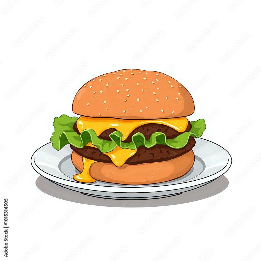 Mouthwatering Juicy Hamburger on Blue Rimmed Plate Mouthwatering Juicy Hamburger on Blue Rimmed Plate