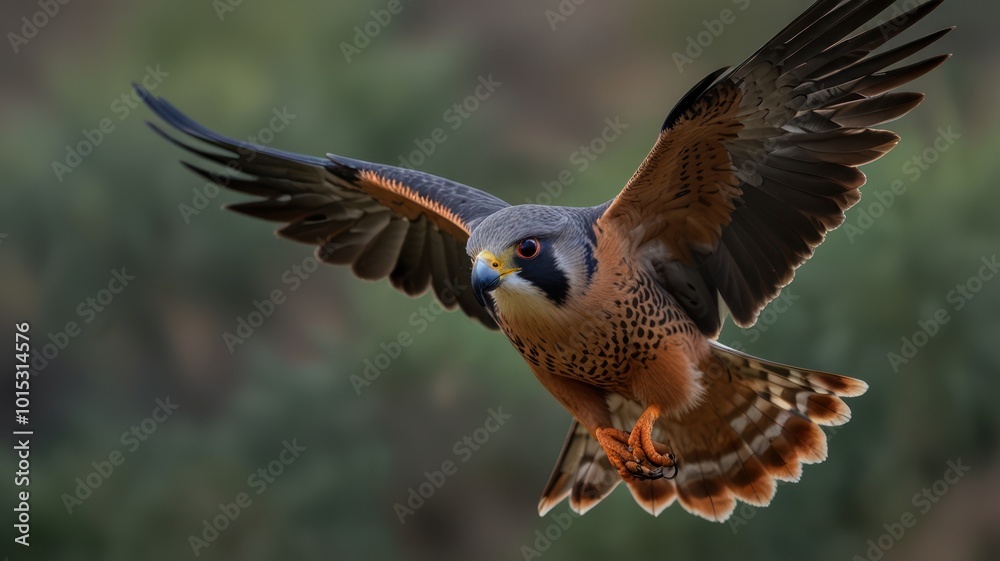 Fototapeta premium A kestrel in mid-flight, wings spread wide, with a blurred green background.