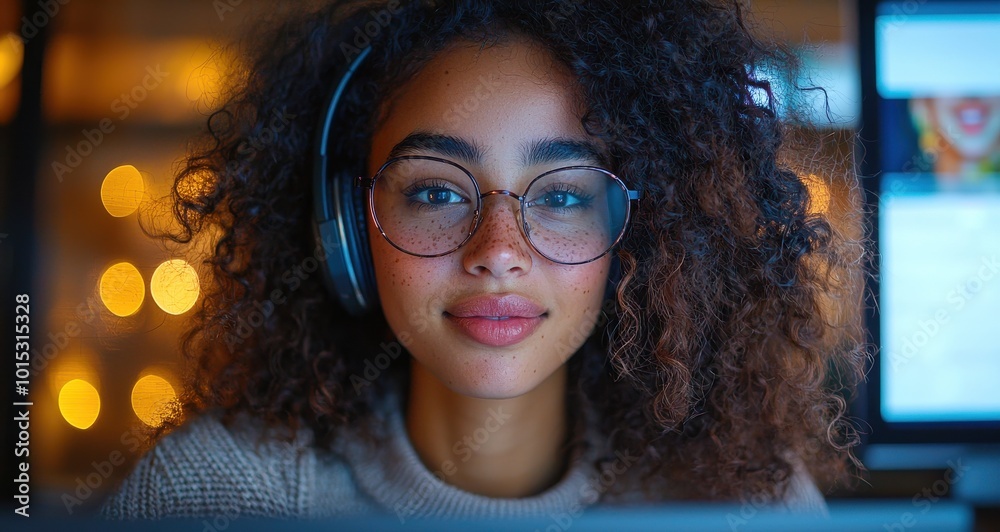 Close-up of a young woman with glasses and headphones smiling confidently at her desk in a modern office