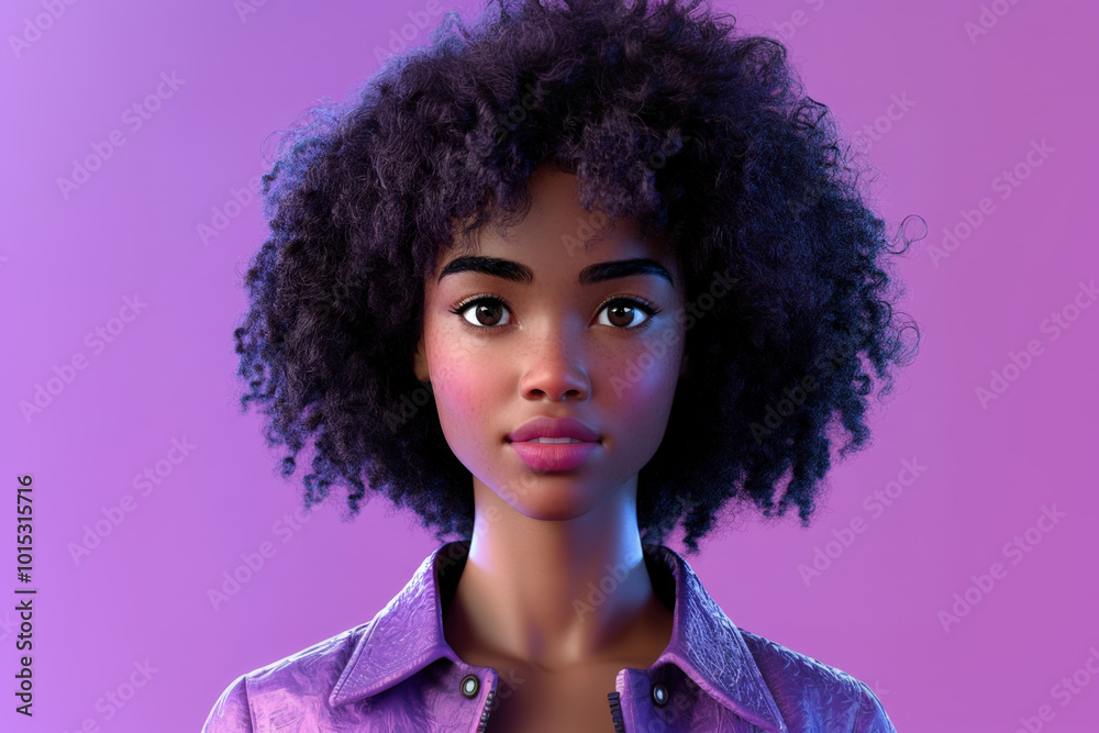 avatar of a young woman with afro hair is posing in front of a vibrant purple background avatar of a young woman with afro hair is posing in front of a vibrant purple background