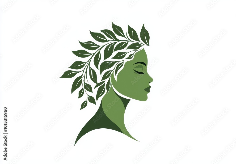 Green woman's face silhouette with leaves, symbolizing nature and tranquility in elegant design Green woman's face silhouette with leaves, symbolizing nature and tranquility in elegant design