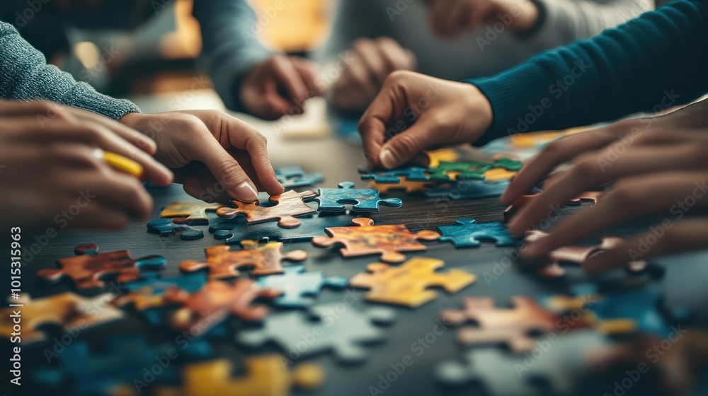 Company employees playing game and joining pieces of jigsaw puzzle during team building activity Company employees playing game and joining pieces of jigsaw puzzle during team building activity