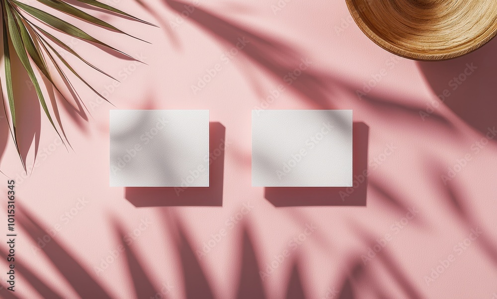 Business card mockup on a pastel pink background with wooden bowl and green leaves creating modern and elegant design Business card mockup on a pastel pink background with wooden bowl and green leaves creating modern and elegant design