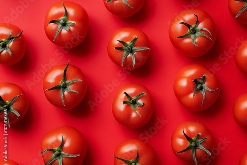 Red juicy tomatoes on a red background