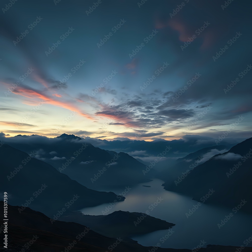 Obraz premium Breathtaking Sunset Over Mountainous Lake Scene